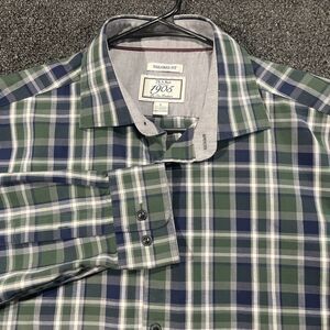 Jos A Bank 1905 Men's Green/Blue Check Cotton Blend Shirt L Stretch Tailored Fit